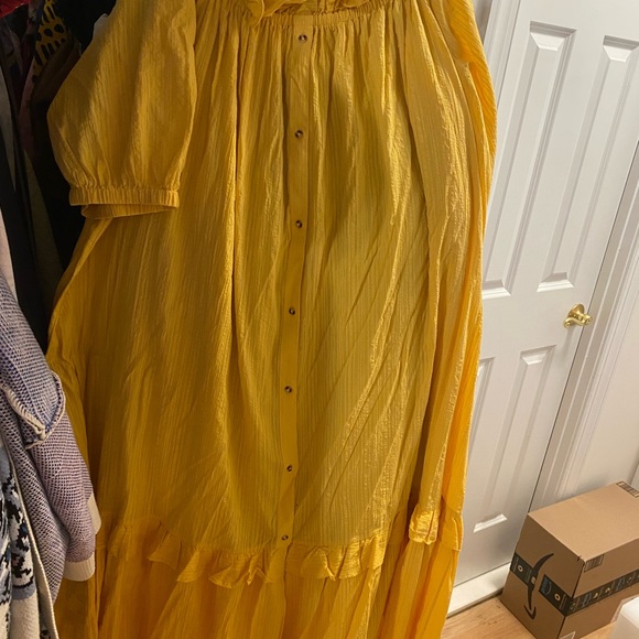Anthropologie yellow gold off the shoulder, flowy free, button front dress 3X - Picture 4 of 6